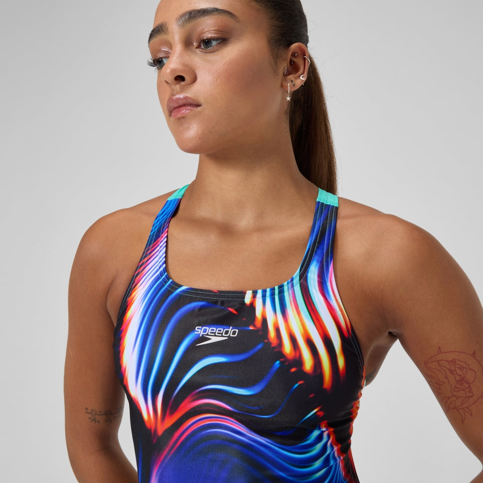 Speedo Club Training Printed Leaderback Swimsuit Black/Blue