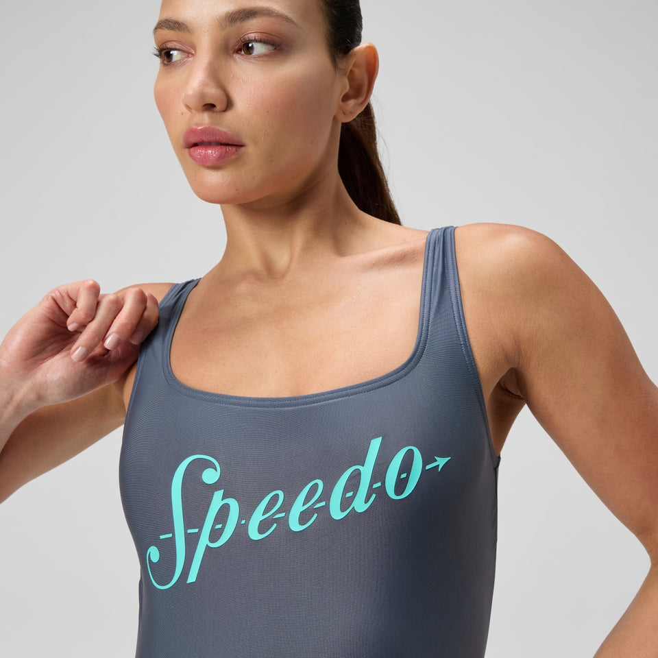 Speedo Logo Square Back Swimsuit Grey/Turquoise