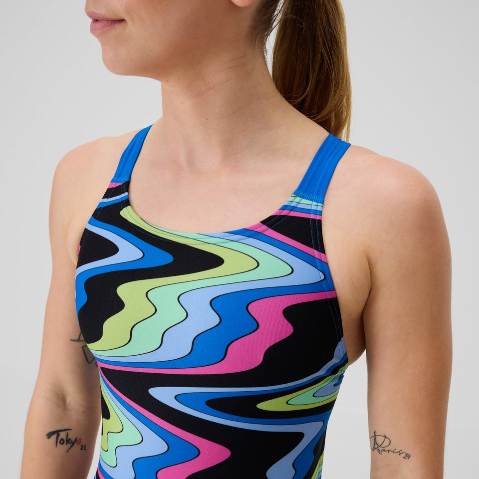 Speedo Club Training Printed Leaderback Swimsuit Black/Blue