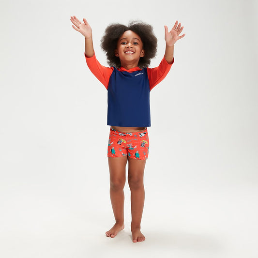 Speedo Infant Unisex Learn To Swim Essential Hooded Rash Top Blue/Coral
