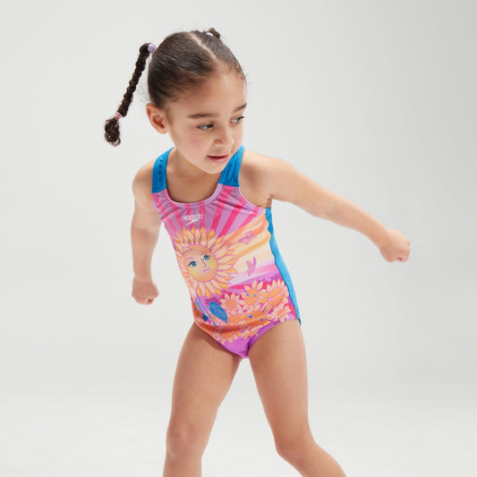 Speedo Girls' Digital Printed Swimsuit Purple/Orange