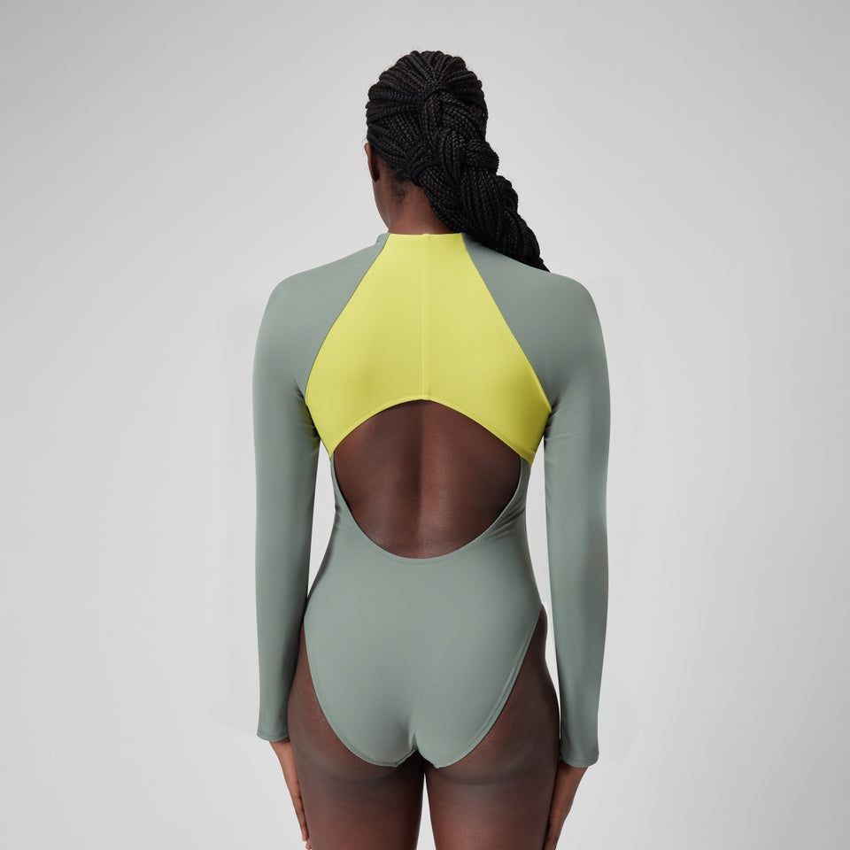 Speedo Long Sleeve Zip Colourblock Swimsuit Green