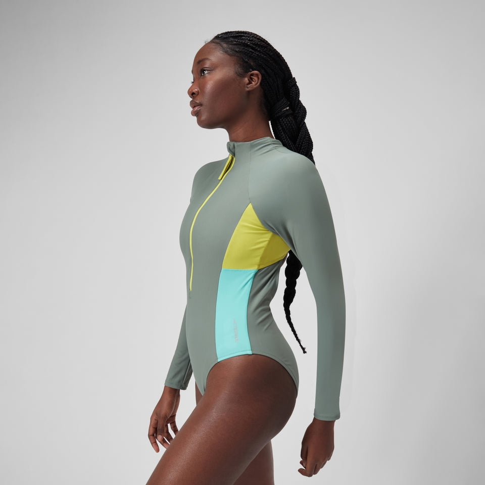 Speedo Long Sleeve Zip Colourblock Swimsuit Green