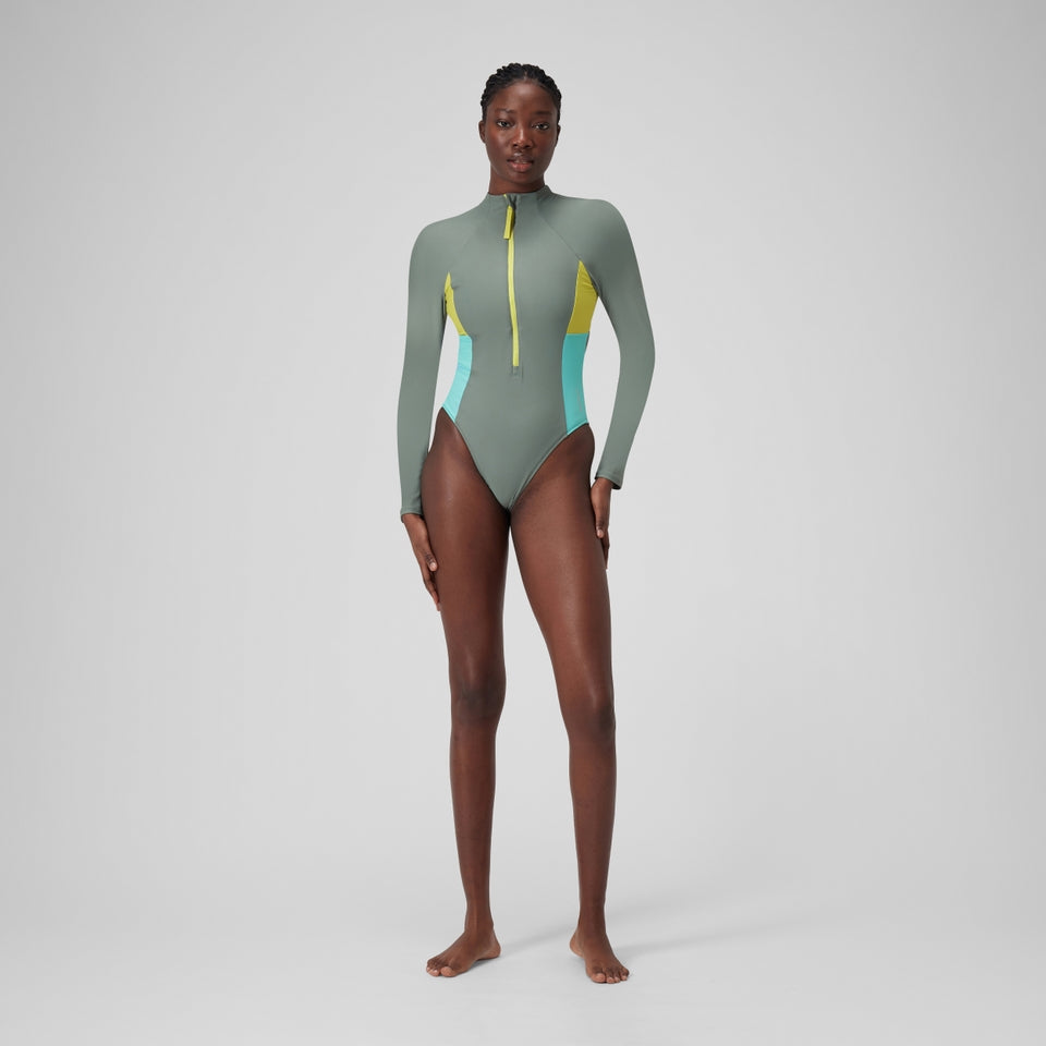 Speedo Long Sleeve Zip Colourblock Swimsuit Green