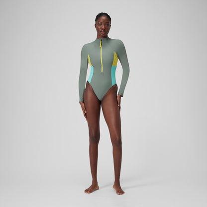 Speedo Long Sleeve Zip Colourblock Swimsuit Green