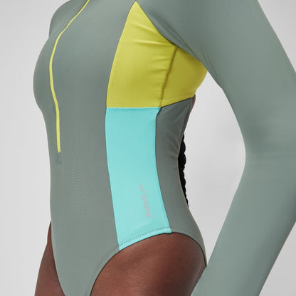 Speedo Long Sleeve Zip Colourblock Swimsuit Green