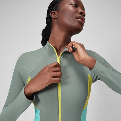 Speedo Long Sleeve Zip Colourblock Swimsuit Green