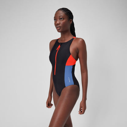 Speedo Colourblock Zip Swimsuit Black/Red