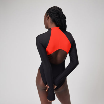 Speedo Colourblock Long Sleeve Zip Swimsuit Black/Red