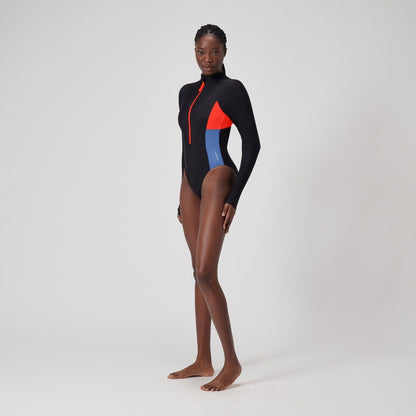 Speedo Colourblock Long Sleeve Zip Swimsuit Black/Red