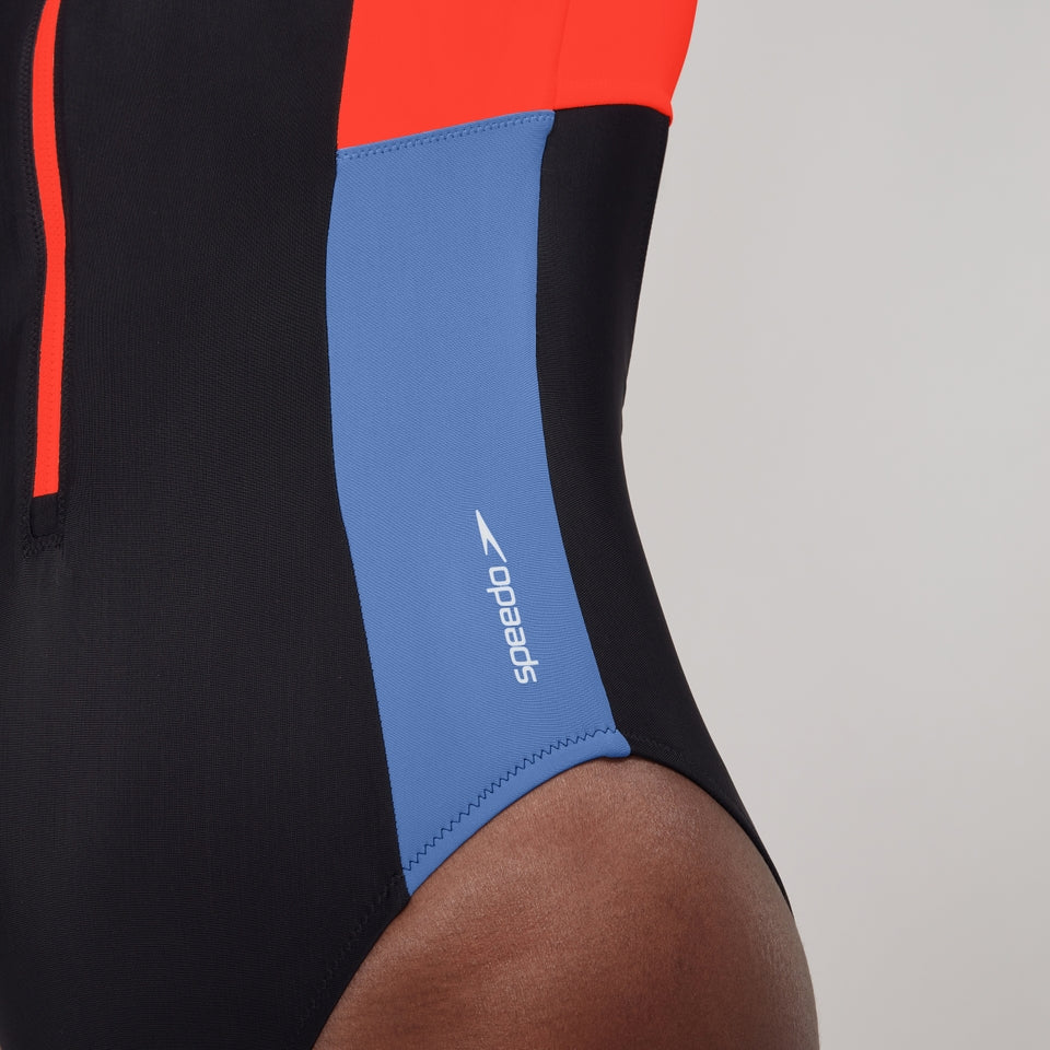 Speedo Colourblock Long Sleeve Zip Swimsuit Black/Red