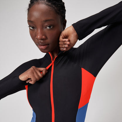 Speedo Colourblock Long Sleeve Zip Swimsuit Black/Red