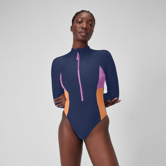 Speedo Colourblock Long Sleeve Zip Swimsuit Blue