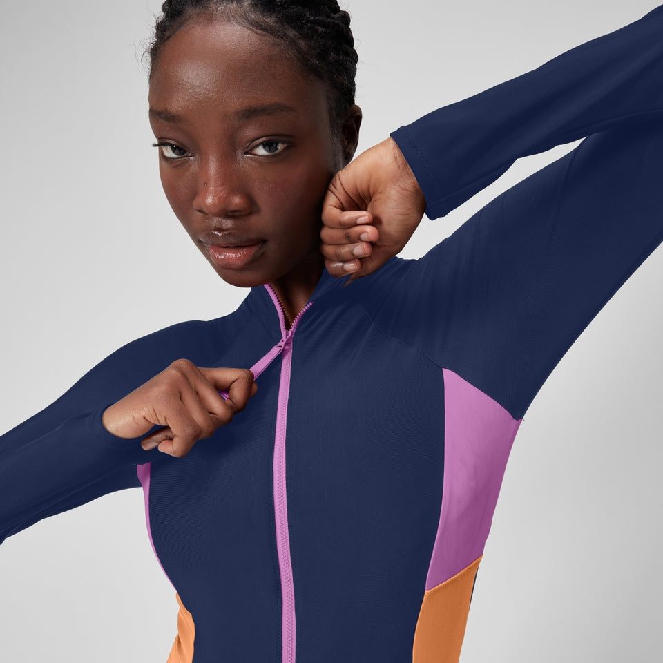 Speedo Colourblock Long Sleeve Zip Swimsuit Blue