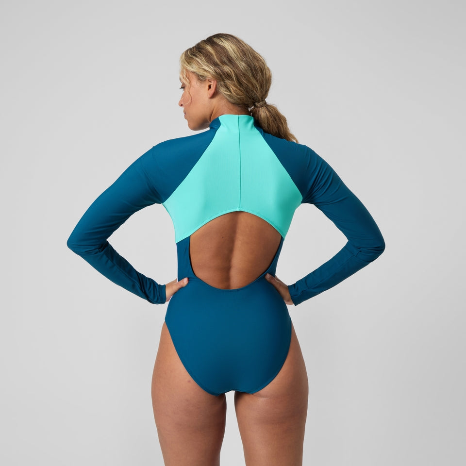 Speedo Colourblock Long Sleeve Zip Swimsuit DarkTeal/Green