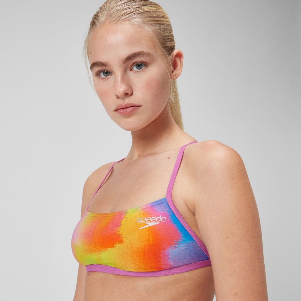 Speedo Club Training Allover Digital Cross Back Crop Top Bikini Top Pink/Yellow