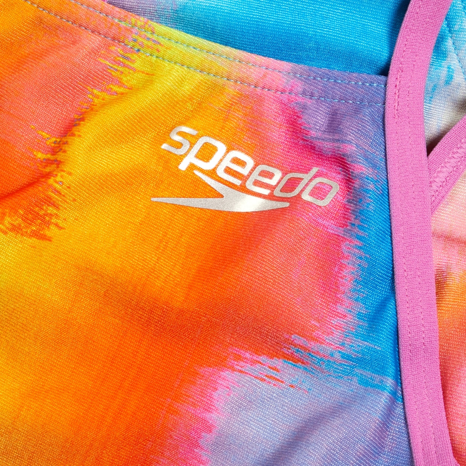 Speedo Club Training Allover Digital Cross Back Crop Top Bikini Top Pink/Yellow