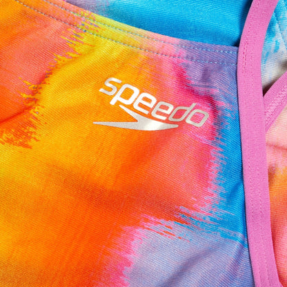 Speedo Club Training Allover Digital Cross Back Crop Top Bikini Top Pink/Yellow