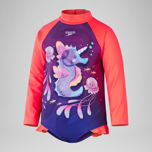 Speedo Girls' Digital Long Sleeve Frill Swimsuit Purple/Pink
