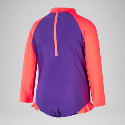 Speedo Girls' Digital Long Sleeve Frill Swimsuit Purple/Pink