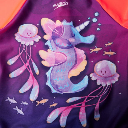 Speedo Girls' Digital Long Sleeve Frill Swimsuit Purple/Pink