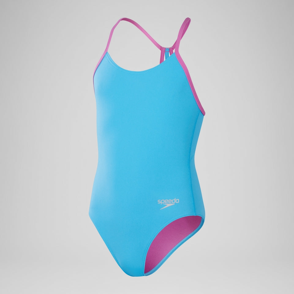 Speedo Girls' Club Training Solid Lane Line Back Swimsuit Blue