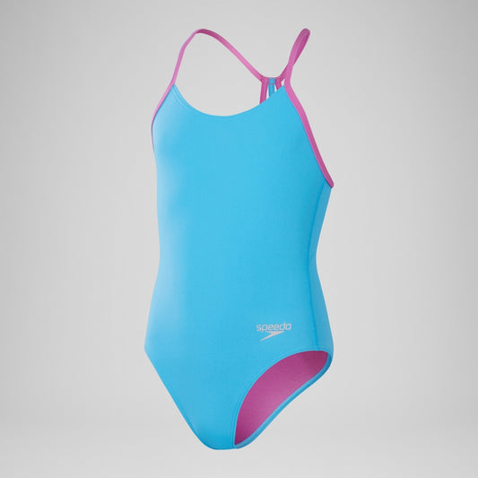 Speedo Girls' Club Training Solid Lane Line Back Swimsuit Blue