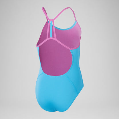 Speedo Girls' Club Training Solid Lane Line Back Swimsuit Blue