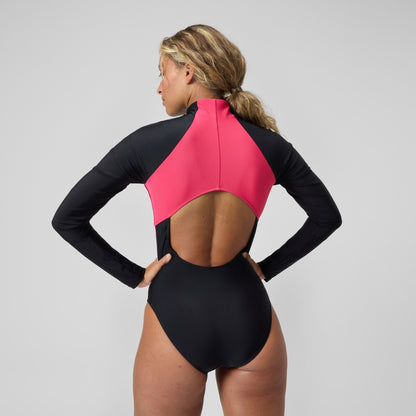 Speedo Colourblock Long Sleeve Zip Swimsuit Black/Red