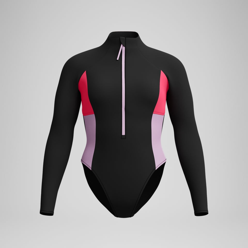 Speedo Colourblock Long Sleeve Zip Swimsuit Black/Red
