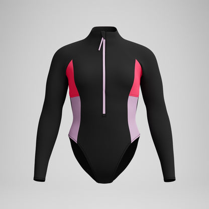 Speedo Colourblock Long Sleeve Zip Swimsuit Black/Red