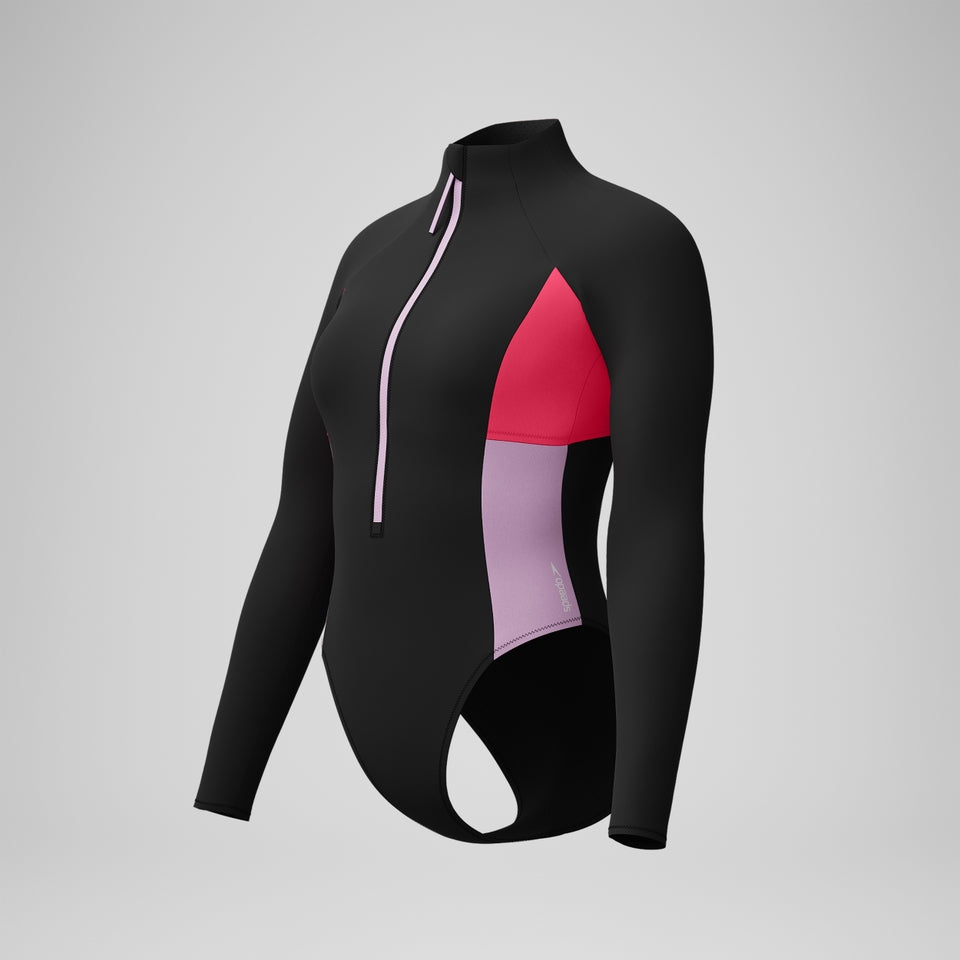Speedo Colourblock Long Sleeve Zip Swimsuit Black/Red