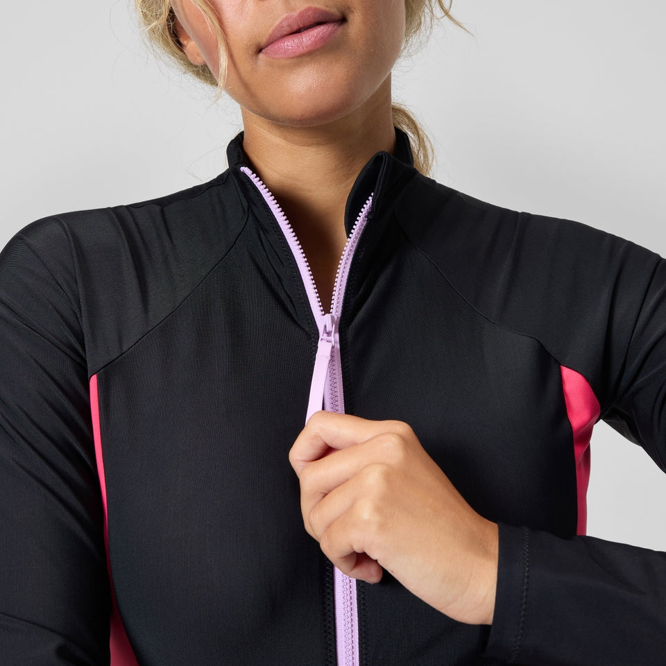 Speedo Colourblock Long Sleeve Zip Swimsuit Black/Red