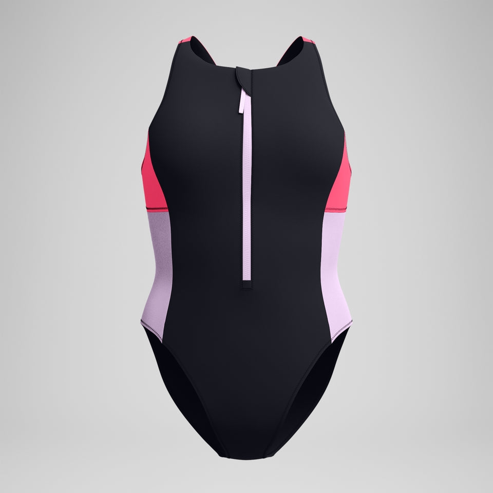 Speedo Colourblock Zip Swimsuit Black/Pink