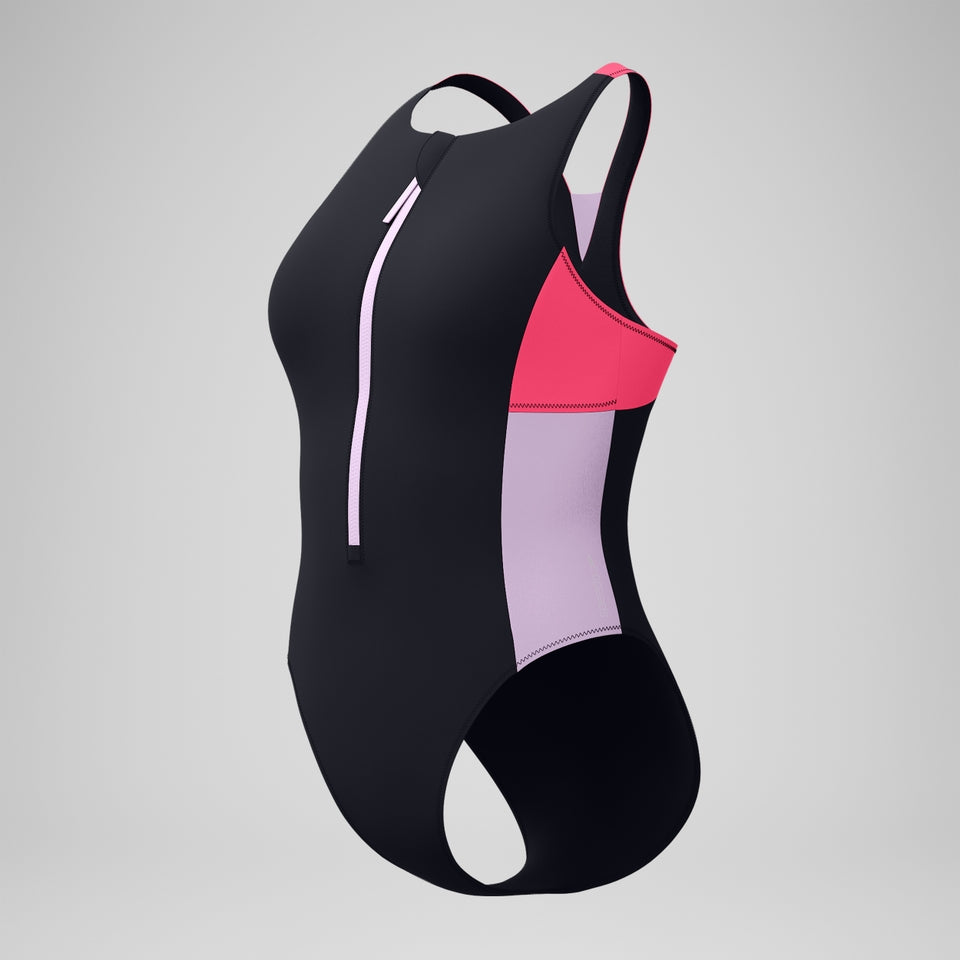 Speedo Colourblock Zip Swimsuit Black/Pink