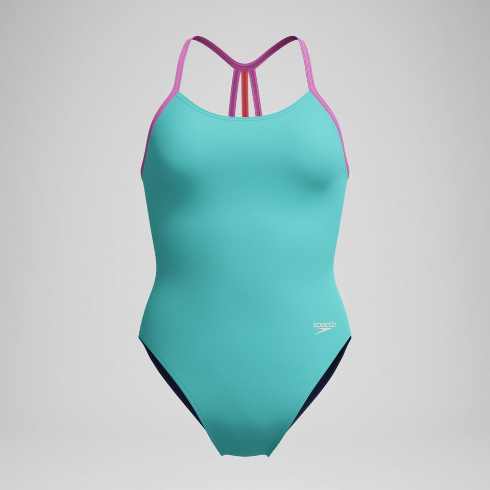 Speedo Girls' Club Training Solid Lane Line Back Swimsuit Turquoise/Pink