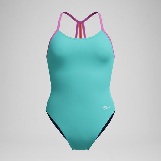 Speedo Girls' Club Training Solid Lane Line Back Swimsuit Turquoise/Pink
