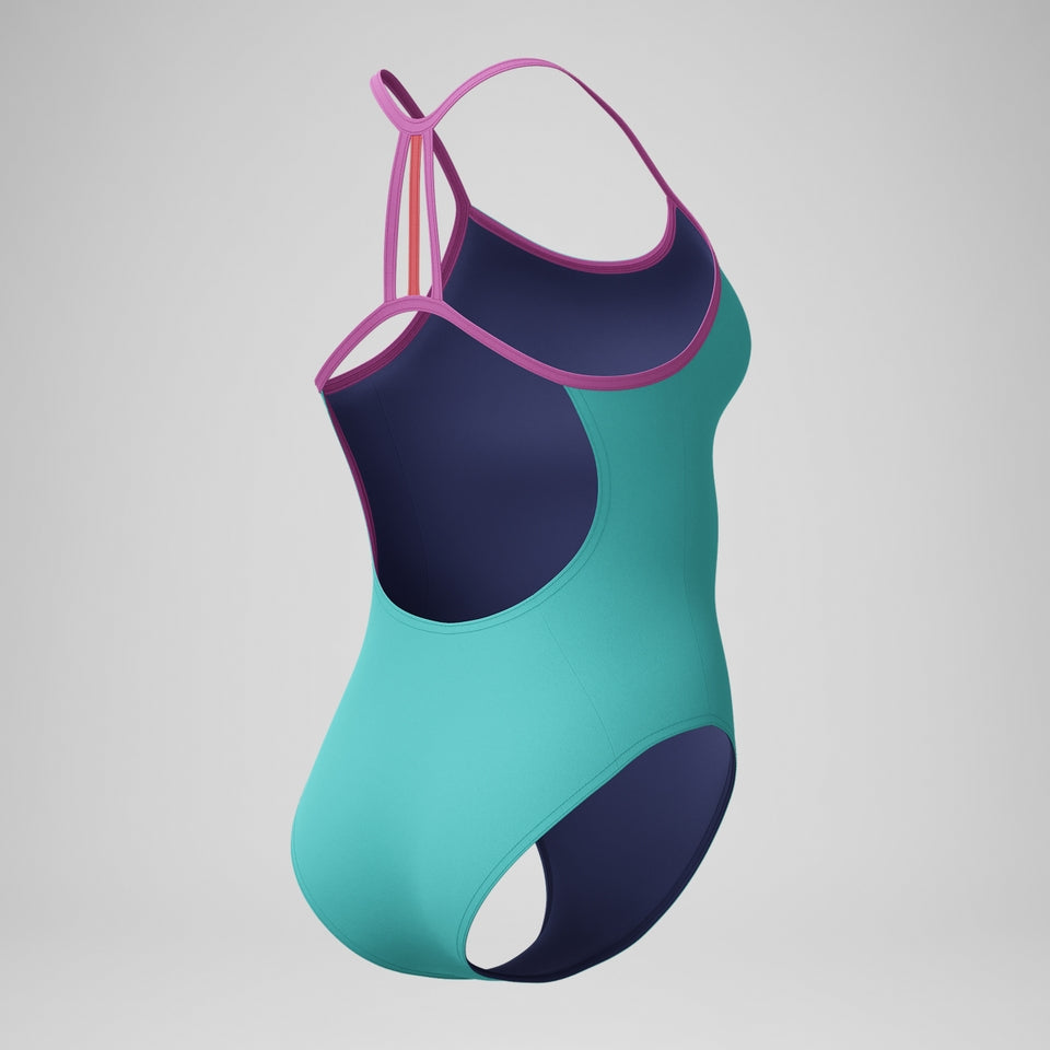 Speedo Girls' Club Training Solid Lane Line Back Swimsuit Turquoise/Pink