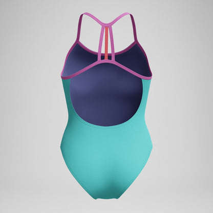 Speedo Girls' Club Training Solid Lane Line Back Swimsuit Turquoise/Pink