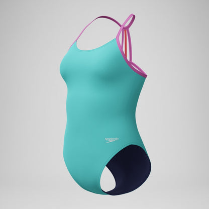 Speedo Girls' Club Training Solid Lane Line Back Swimsuit Turquoise/Pink