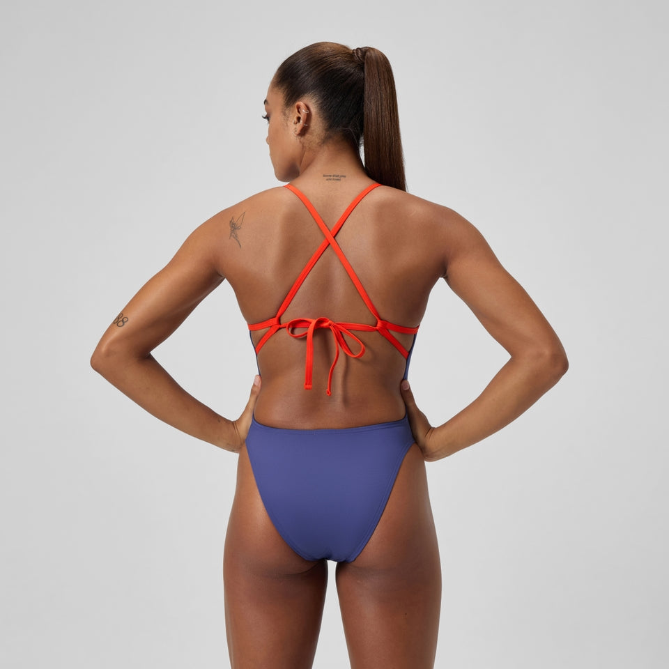 Speedo Club Training Solid Tie Back Swimsuit Blue/Pink