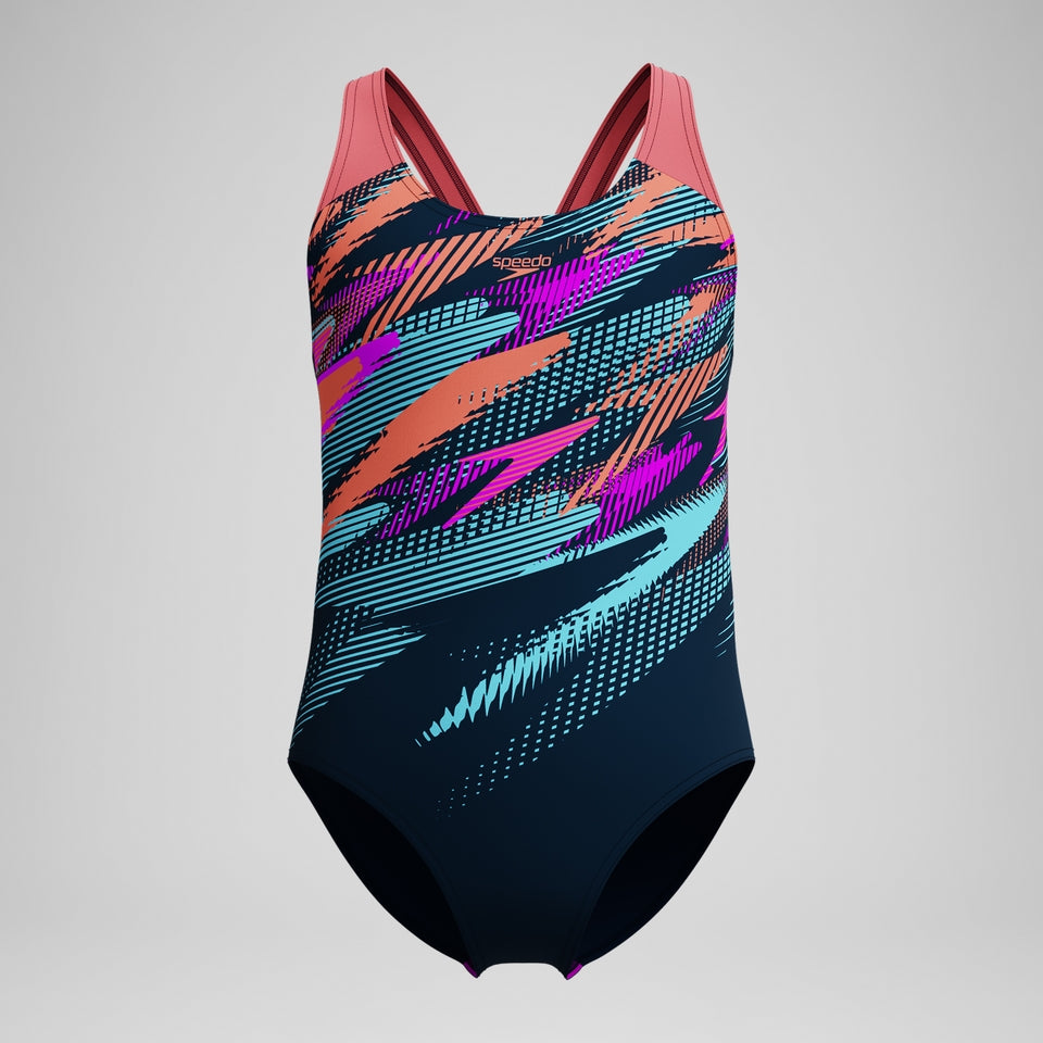 Speedo Girls' Digital Placement Splashback Swimsuit DarkTeal/Coral