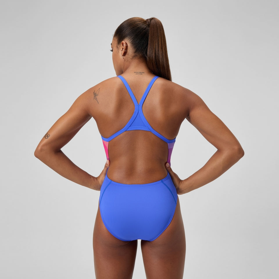 Speedo Club Training Printed Turnback Swimsuit Blue/Pink