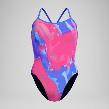 Speedo Club Training Printed Turnback Swimsuit Blue/Pink