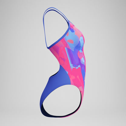 Speedo Club Training Printed Turnback Swimsuit Blue/Pink
