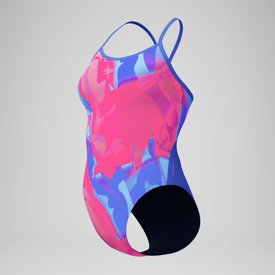 Speedo Club Training Printed Turnback Swimsuit Blue/Pink