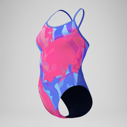Speedo Club Training Printed Turnback Swimsuit Blue/Pink