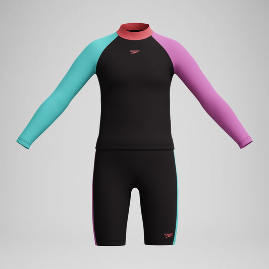 Speedo Girls' Colourblock Rash Top & Jammer Set Black/Pink
