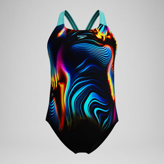 Speedo Girls' Digital Placement Powerback Swimsuit Black/Blue