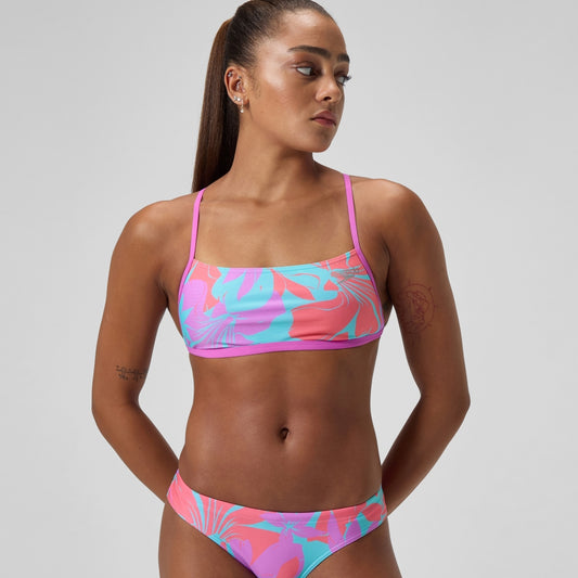 Speedo Club Training Printed Cross Back Bikini Top Pink/Green